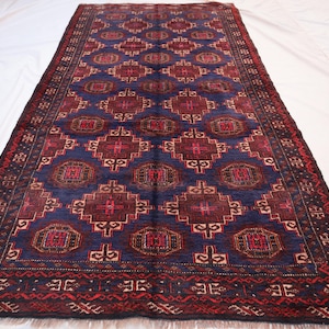 Afghan Antique Rug, 4x8 Handmade Wool Rug, Navy Blue Nomadic Rug, Traditional Area Rug, Turkmen Tribal Rug, Geometric Design Rug, Office Rug