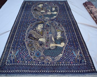 Handmade Afghan Pictorial Wool Rug: Antique Tribal Lila Majnoon Love Rug (4x7)