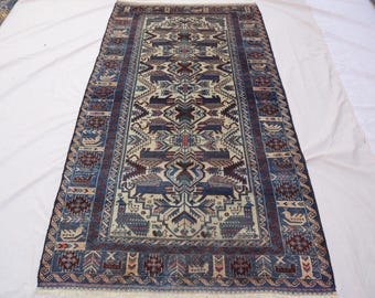 Handmade Wool Rug, 4x7 Antique Afghan Rug, Turkmen Pictorial Design,