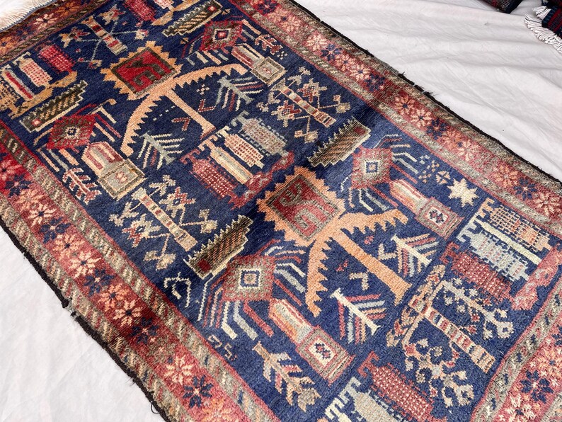 3x4.6 Ft Vintage Navy Blue Rug, Hand-knotted Wool, Geometric Design ...