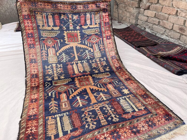 3x4.6 Ft Vintage Navy Blue Rug, Hand-knotted Wool, Geometric Design ...