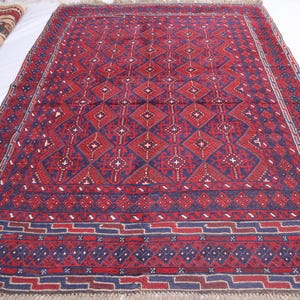 Mashwani Antique Rug, 5x6 Handmade Wool Rug, Red Area Tribal Rug, Nomadic Afghan Rug, Geometric Design Rug, Turkmen Rare Rug, Bedroom Rug,
