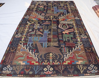 Antique Turkmen Shikari Rug - Animal Pictorial Wool Rug (4x7)