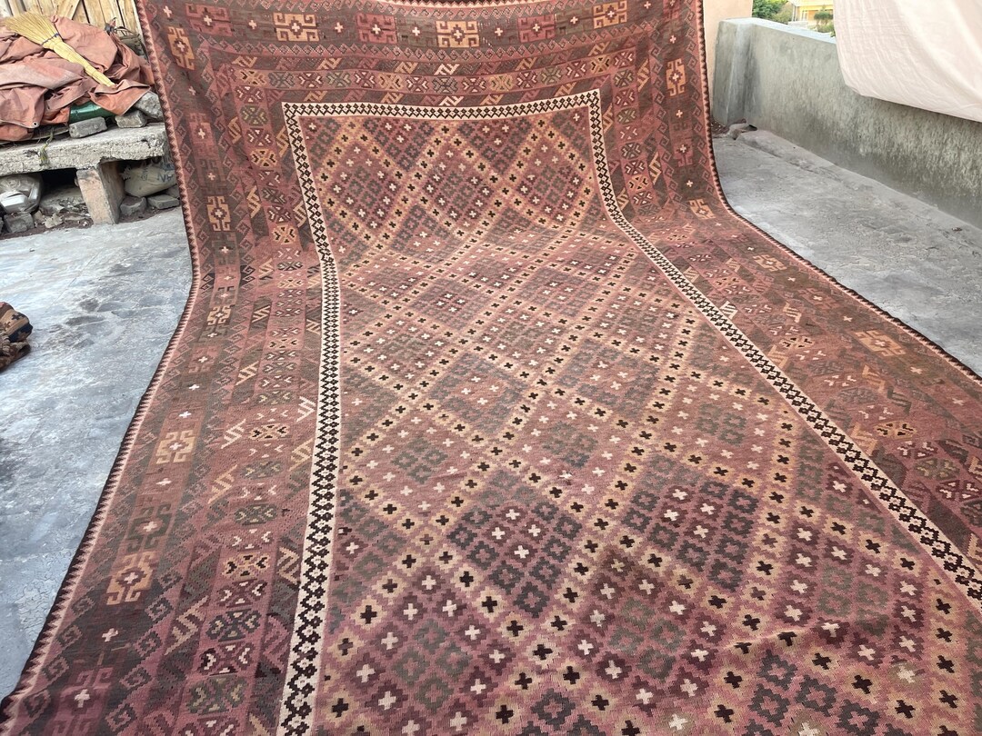 9x16 Afghan Wool Rug: Handmade Geometric Kilim, Turkmen Tribal Design ...