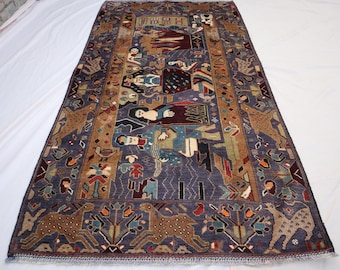 Hand Knotted Afghan Rug: 4x7 Pictorial Wool Tribal Rug
