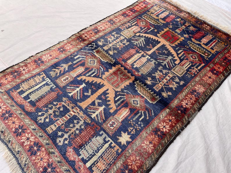 3x4.6 Ft Vintage Navy Blue Rug, Hand-knotted Wool, Geometric Design ...