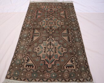 3x5 Vintage Balochi-matta: Handknuten ullmatta från Turkmenistan