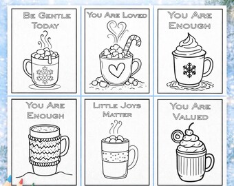 Cozy Mug Coloring Pages Printable | Winter Self Care Affirmation Coloring Book | Hot Cocoa Coloring | 20 Pages US Letter | PDF + PNG