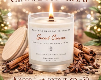 Cinnamon Chai Wood Wick Candle, Coconut Soy Candle in Frosted Glass Jar, Self Care Gift for Women, Homeware Decor