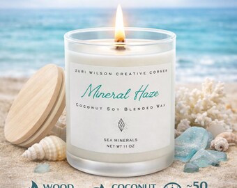 Sea Minerals Wood Wick Candle, Coconut Soy Candle in Frosted Glass Jar, Self Care Gift for Women, Coastal Homeware Shop