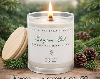 Fraser Fir Wood Wick Candle, Coconut Soy Candle, Evergreen Etch | Frosted Glass Luxury Candle | Winter Home Fragrance