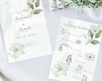 Sage Green Floral Wedding Invitation Template with RSVP |Minimalist Botanical Printable Invite |Modern Calligraphy |Editable Wedding details