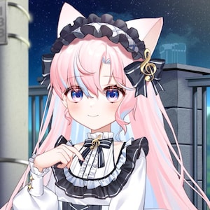 May include: Anime-style illustration of a character with pink hair and blue highlights, wearing a black and white dress with a corset design. The character has cat ears and a musical note accessory. The background shows a night scene with a fence and a street light.