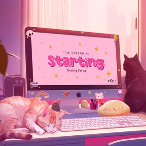 以下が含まれることがあります： 「The Stream is Starting」と表示されたピンク色の画面のコンピューターのイラスト。オレンジ色の猫がキーボードの隣の机で寝ています。黒い猫が窓の近くに座っています。植物やその他の装飾品が配置されています。
