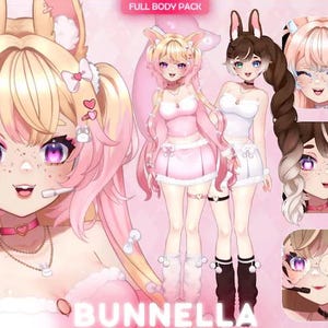 Könnte beinhalten: Digitales Kunstwerk mit einem Charakter mit rosa Haaren, Hasenohren und lila Augen. Das Bild enthält Ganzkörper- und Nahaufnahmen, mit dem Text "FULL BODY PACK" oben und "BUNNELLA" unten. Der Charakter trägt ein rosa Outfit.