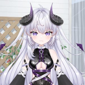 May include: A digital illustration of a character with long, flowing silver hair, purple eyes, and black horns with purple tips. The character wears a black outfit with purple accents and a key-shaped pendant.