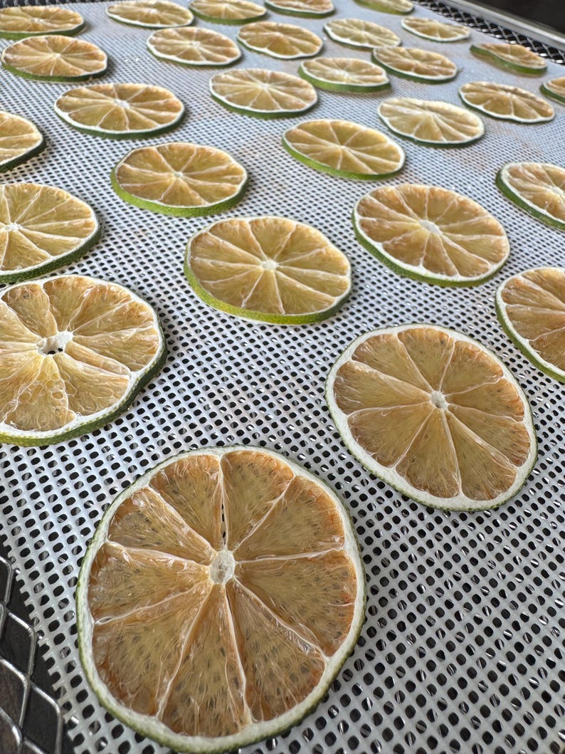 May include: Overhead shot of a tray filled with dried lime slices. The slices are circular, with a light brown interior and a green rind. The tray has a white, perforated surface.