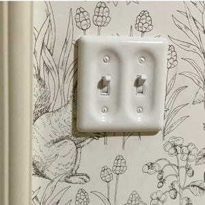 Pode incluir: Uma placa de interruptor duplo branca com dois interruptores verticais, montada numa parede com papel de parede cor de creme apresentando uma ilustração de linha preta de um esquilo rodeado por várias plantas e flores botânicas.