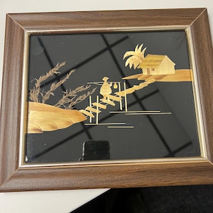 Vintage Framed Asian Art Bamboo Straw Malaysia Black set of two