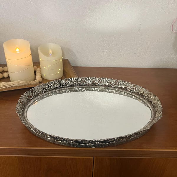 Vintage Oval Vanity Mirror Perfume Tray Silver/Gold Tone Metal Filigree 12” X 8”