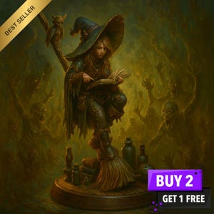 Elowin STL | Witch on Broom Miniature | Spellbook & Owl | 3D Printable Model