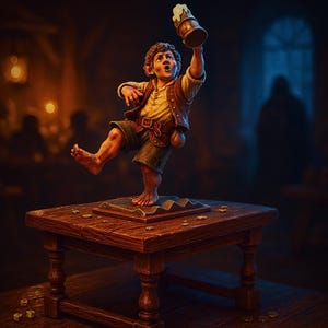 以下が含まれることがあります： ビールジョッキを高く掲げ、歩いている途中の若い人の置物。黄色いシャツ、茶色のベスト、ショートパンツを着ています。置物は、小さなラグのある木製のテーブルの上にあります。