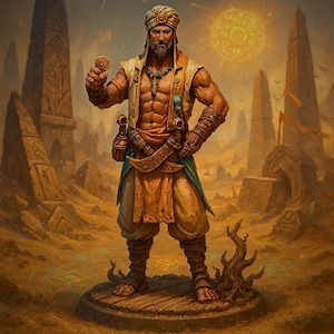 Puede incluir: Ilustración de una figura musculosa con atuendo desértico, sosteniendo una moneda. La figura lleva un turbante, chaleco y porta una espada y dagas. El fondo presenta estructuras antiguas y un símbolo solar, con una paleta de colores cálidos.