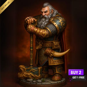 Dwarven King STL | Hammer Warrior Miniature | 32mm & 75mm Fantasy Leader