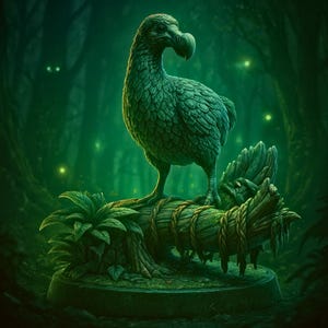 May include: A detailed sculpture of a dodo bird, rendered in shades of green, stands atop a moss-covered log. The bird is the focal point, set against a backdrop of a lush, green forest with glowing orbs.