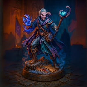 Puede incluir: Figura detallada de un mago con cabello gris, vistiendo una túnica azul y púrpura, sosteniendo un bastón con un orbe azul brillante. El mago tiene una expresión amenazante y está conjurando llamas azules. La figura está sobre una base redonda.