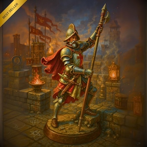 May include: A detailed painting of a medieval knight in full armor, holding a halberd. The knight stands on a circular base, with a red cape and a helmet. The background features a castle, flags, and torches, creating a historical scene.