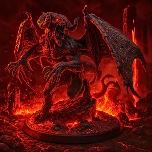 Puede incluir: Ilustración digital de una criatura demoníaca con cuernos, alas y garras, sobre un fondo rojo ardiente. La criatura está posada sobre una base rocosa, con lava y llamas a su alrededor. La obra tiene un tema de fantasía.