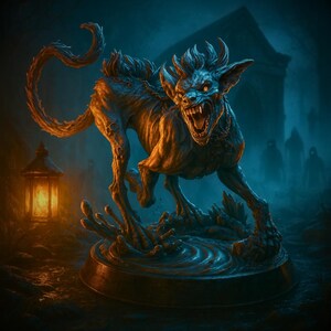 May include: A digital illustration of a snarling, monstrous creature with glowing yellow eyes, set against a dark, eerie backdrop. The creature, with sharp teeth and a menacing pose, is illuminated by a warm light source, creating a dramatic contrast.