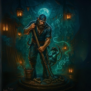 May include: Digital illustration of a pirate with a long beard, wearing a blue bandana and shirt, mopping a wooden deck. A monkey in a pirate hat climbs the mop. The scene is lit by lanterns and a full moon, with a mystical green glow.