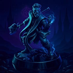 May include: A detailed digital illustration of a fantasy character, a bearded man in a long coat, holding a staff and a book. The figure is depicted in shades of blue and black, with glowing blue energy effects. The background features a dark, stylized landscape.
