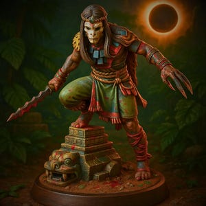 May include: A detailed figurine of a warrior with a skeletal face, holding a serrated blade and a clawed hand. The figure stands atop a stone structure with a carved serpent head. The warrior wears green and red attire, with a backdrop of a jungle and a solar eclipse.