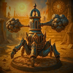 Può includere: Una scultura dettagliata a tema fantasy di un ragno meccanico. La scultura è principalmente blu e oro, con dettagli intricati. Ha un corpo centrale a forma di torre, zampe e due strutture a forma di nuvola che si estendono dai lati. Lo sfondo è caldo e soleggiato.