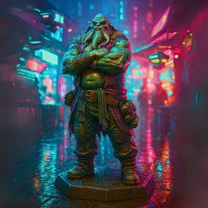 Peut inclure: Une figurine humanoïde verte et musclée avec des tentacules, vêtue de vêtements déchirés et d'une ceinture avec des poches. La figurine se dresse sur une base hexagonale, dans un paysage urbain futuriste éclairé au néon.