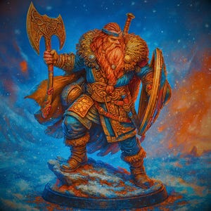 Könnte beinhalten: Detaillierte Illustration einer Wikingerkrieger-Statue. Die Figur trägt eine blaue und goldene Rüstung und hält eine große Axt und einen Schild. Der Krieger hat einen langen roten Bart und steht auf einem felsigen Sockel vor einem blau-orangen Hintergrund.