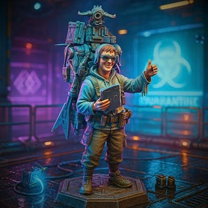 May include: A futuristic figurine of a person wearing a blue hoodie, sunglasses, and a large backpack with mechanical elements. The figure is holding a tablet and giving a thumbs-up. The background features a biohazard symbol and the word "QUARANTINE".