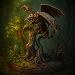 May include: A detailed sculpture of a dragon-like creature perched on a gnarled tree. The sculpture features intricate details, with a dark color palette and a forest backdrop. The wings are spread, and the creature has a menacing expression. The base is a circular platform.