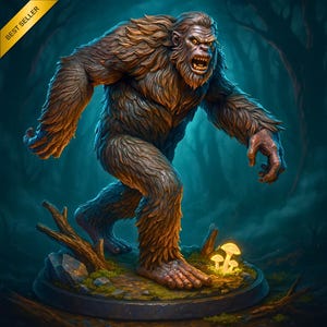 May include: A detailed illustration of a Bigfoot creature, with brown fur and an angry expression. The figure is set in a forest environment, standing on a circular base with glowing mushrooms. A "Best Seller" banner is in the upper left corner.