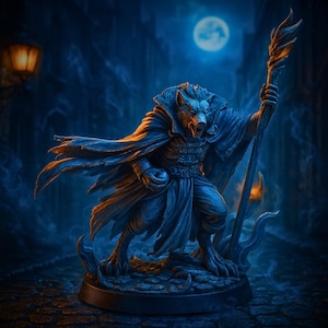 Op de afbeelding: Gedetailleerd beeldje van een weerwolf in een donkerblauwe mantel, met een staf met een vlamachtige top. De figuur staat tegen een achtergrond van een maanverlichte straat met kasseien, met een zacht, blauw en oranje kleurenpalet.