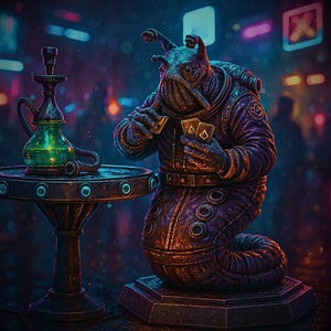 Puede incluir: Obra de arte digital que representa una criatura alienígena con un traje espacial morado y marrón, jugando a las cartas. Una cachimba con líquido verde está sobre una mesa redonda. El fondo es una ciudad borrosa con luces de neón.