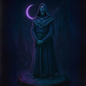 May include: Digital art of a robed figure with glowing blue eyes and a beard, holding a staff. The figure stands on a stone base, with a crescent moon in the background. The color palette is dark blue and purple, creating a mystical atmosphere.