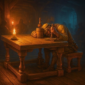 Puede incluir: Una escena oscura de una taberna medieval. Una persona con vestimenta de época descansa su cabeza sobre una mesa de madera, con una jarra y una botella de madera cerca. También se ven una vela encendida y un banco. La paleta de colores es cálida, con tonos marrones y dorados.