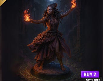 Fire Sorceress STL | Dancing Mage Miniature | 32mm 75mm | 3D Print Model
