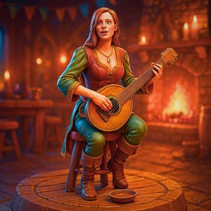 Pode incluir: Ilustração digital de uma mulher tocando alaúde em um cenário medieval. Ela usa uma túnica verde e vermelha, botas marrons e está sentada em um banquinho de madeira. O fundo apresenta uma lareira, velas e mesas de madeira.
