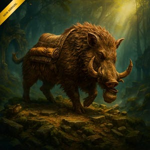 Könnte beinhalten: Detaillierte Illustration eines braunen Wildschweins mit großen Stoßzähnen, das einen Rucksack auf dem Rücken und einen kleinen Topf im Maul trägt. Das Wildschwein steht vor einem üppigen, grünen Waldhintergrund mit Sonnenschein. Text oben links: "NEU EINGETROFFEN".