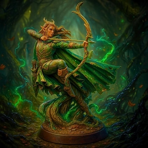 May include: A detailed figurine of an archer elf in a forest setting. The elf is clad in green armor and a flowing cape, drawing a golden bow. The base is brown, and the background features green foliage and glowing accents.